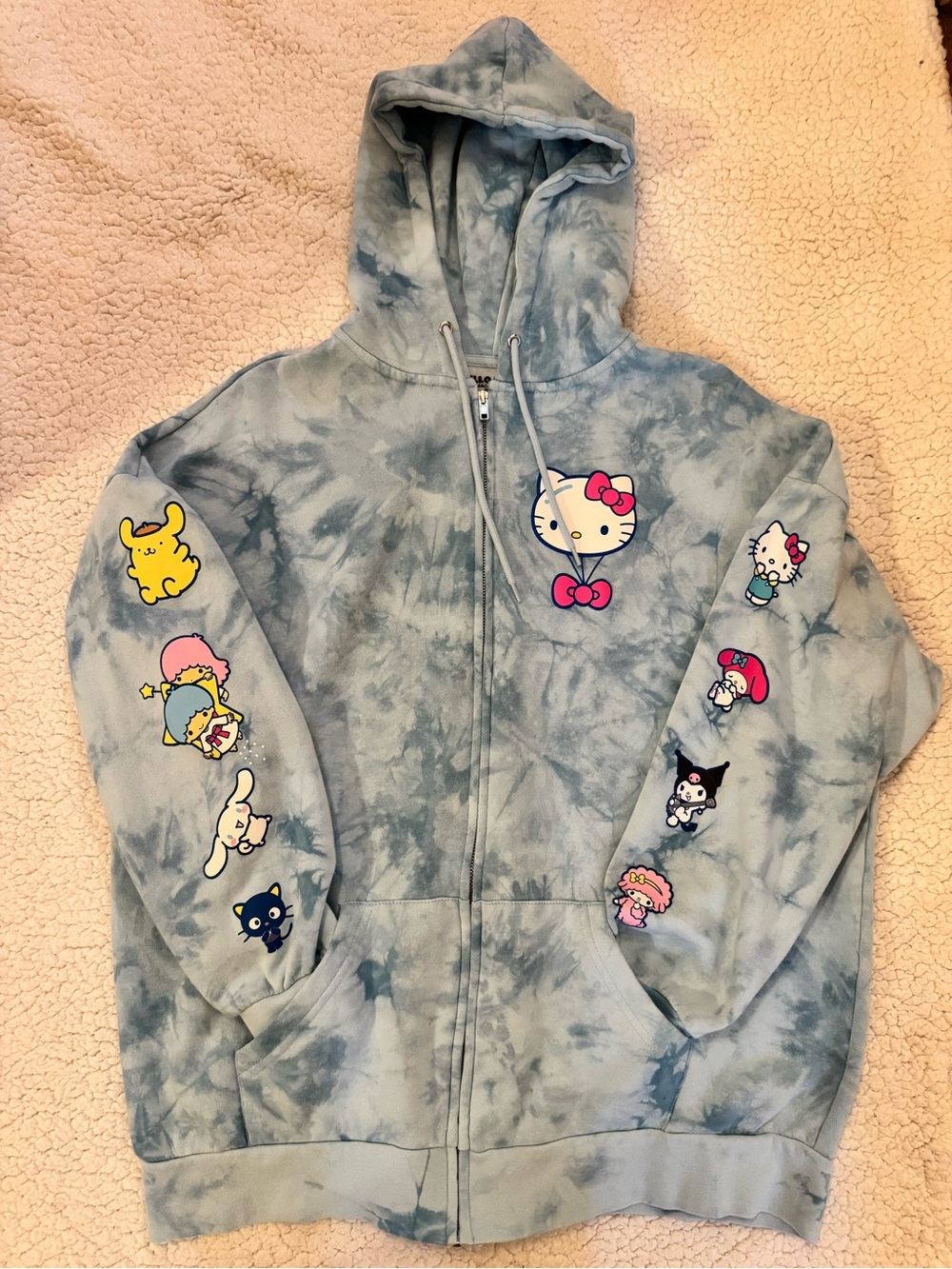 Hello Ketty & Friends Sanrio Light Blue Tie-Dye Zip Hoodie with Character Print